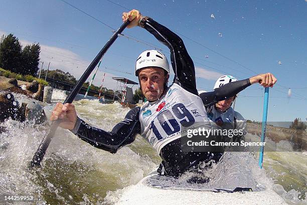 Australian Canoe Slalom athletes Kynan Maley and Robin Jeffery practice in their C2 canoe during an Australian Olympic Games Canoe Slalom portrait...