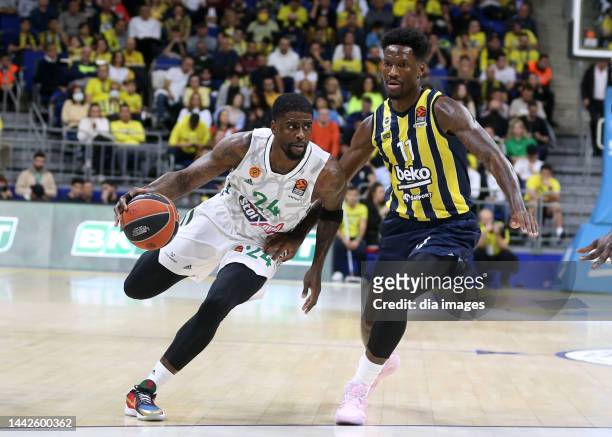 Nigel Hayes of Fenerbahçe Beko in action with Dwayne Bacon of Panathinaikos during the Fenerbahçe Beko and Panathinaikos EuroLeague Final match at...