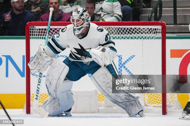 James Reimer of the San Jose Sharks tends goal against the Dallas Stars at the American Airlines Center on November 11, 2022 in Dallas, Texas.