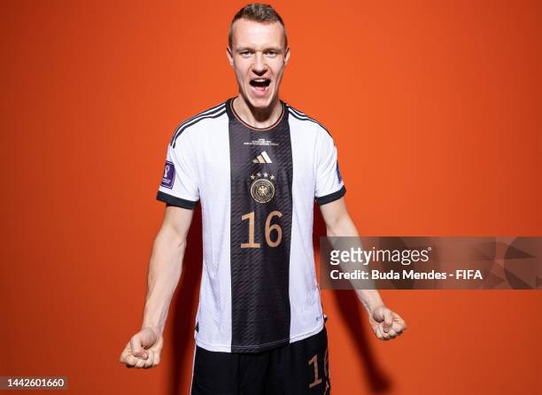 Lukas Klostermann of Germany poses during the official FIFA World Cup Qatar 2022 portrait session on November 17, 2022 in Doha, Qatar.