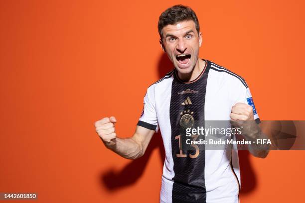 Thomas Mueller of Germany poses during the official FIFA World Cup Qatar 2022 portrait session on November 17, 2022 in Doha, Qatar.