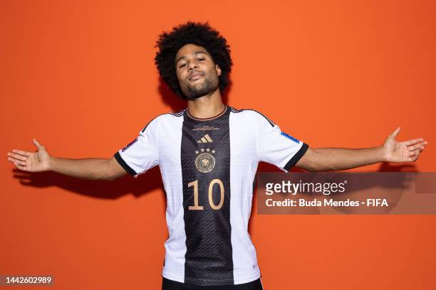 Serge Gnabry of Germany poses during the official FIFA World Cup Qatar 2022 portrait session on November 17, 2022 in Doha, Qatar.