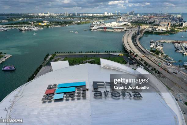 In an aerial view, the FTX Arena, which the Miami Heat call home on November 18, 2022 in Miami, Florida. Fallout continues after the cryptocurrency...