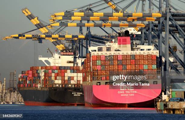 Container ships are docked with shipping containers at the Port of Los Angeles amid a cargo slowdown on November 16, 2022 in Los Angeles, California....