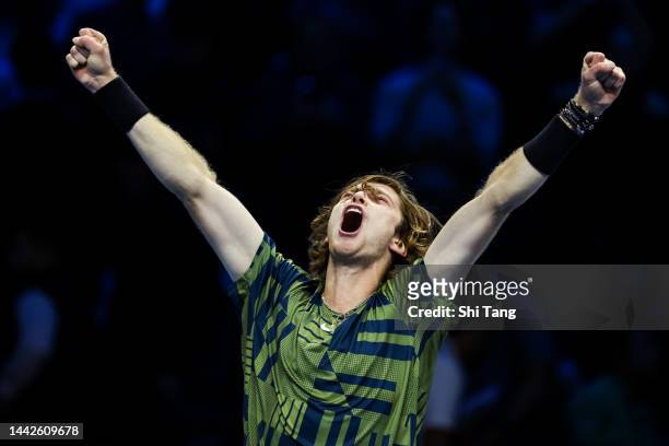 Andrey Rublev celebrates the victory during his Round Robin Singles match against Stefanos Tsitsipas of Greece during day six of the Nitto ATP Finals...