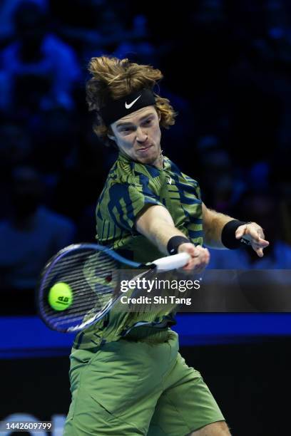 Andrey Rublev plays a forehand during his Round Robin Singles match against Stefanos Tsitsipas of Greece during day six of the Nitto ATP Finals at...