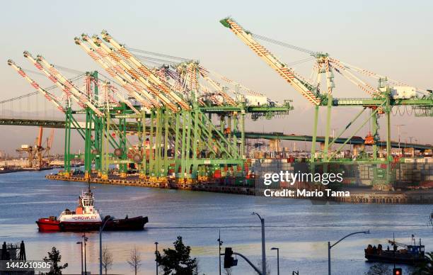 Container cranes stand idle at the Port of Los Angeles amid a cargo slowdown on November 16, 2022 in Los Angeles, California. The country’s busiest...