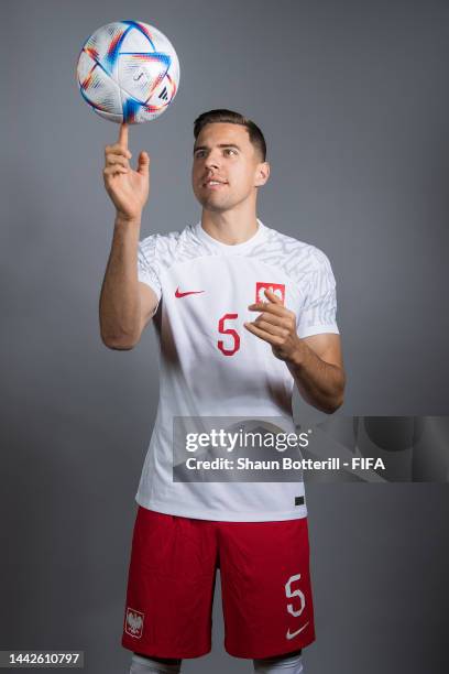 Jan Bednarek of Poland poses during the official FIFA World Cup Qatar 2022 portrait session on November 18, 2022 in Doha, Qatar.