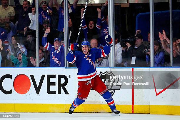 Michael Del Zotto of the New York Rangers celebrates after he scored a goal in the third period against the Washington Capitals in Game Seven of the...