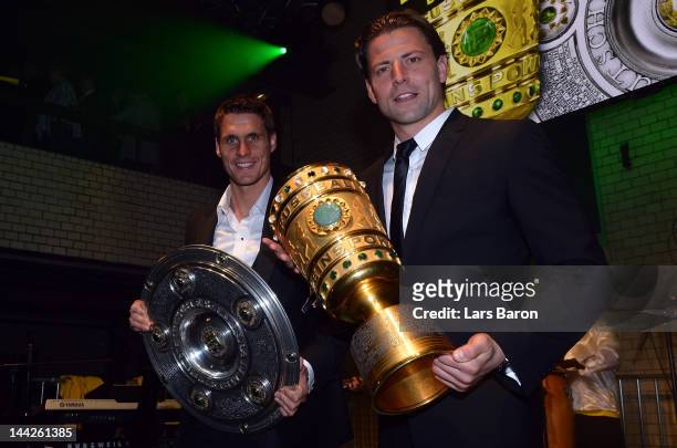 Sebastian Kehl and goalkeeper Roman Weidenfeller are seen during the Borussia Dortmund party at the Ewerk on May 13, 2012 in Berlin, Germany.