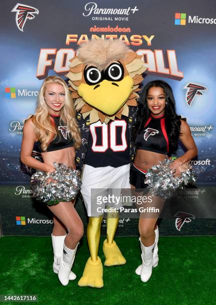 Freddie Falcon and Atlanta Falcons cheerleaders attend the 'Fantasy Football' Atlanta Premiere & Event on November 18, 2022 in Atlanta, Georgia.