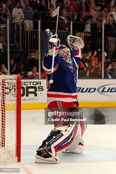 Goalie Henrik Lundqvist of the New York Rangers celebrates after they won 2-1 against the Washington Capitals in Game Seven of the Eastern Conference...