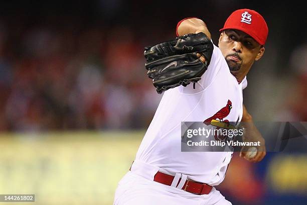 Reliever J.C. Romero of the St. Louis Cardinals pitches against the Atlanta Braves at Busch Stadium on May 12, 2012 in St. Louis, Missouri.