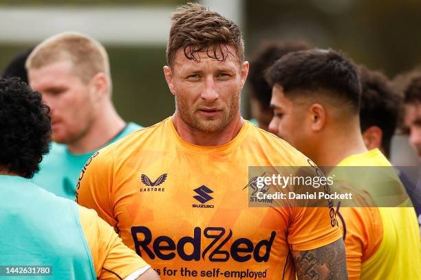 Tariq Sims of the Storm looks on during a Melbourne Storm NRL pre-season training session at Werribee Bears RLFC on November 19, 2022 in Werribee,...