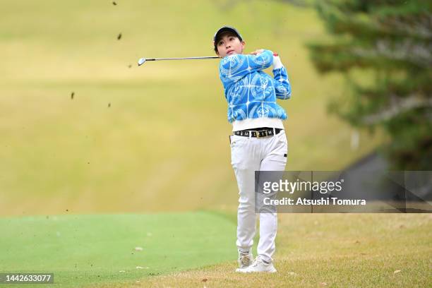 Kana Nagai of Japan hits her second shot on the 4th hole during the third round of Daio Paper Elleair Ladies at Elleair Golf Club Matsuyama on...