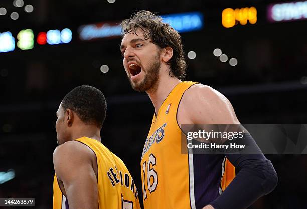 Pau Gasol of the Los Angeles Lakers reacts in the second quarter while taking on the Denver Nuggets in Game Seven of the Western Conference...