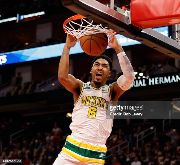Kenyon Martin Jr. #6 of the Houston Rockets dunks during the first quarter aIndiana Pacers at Toyota Center on November 18, 2022 in Houston, Texas....