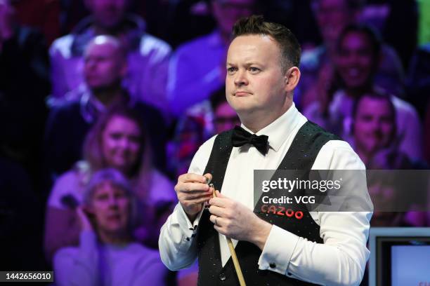 Shaun Murphy of England reacts during the quarter-final match against Jack Lisowski of England on day 7 of 2022 Cazoo UK Championship at Barbican...