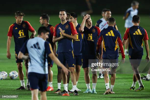 Sergio Busquets of Spain attends a training session at Qatar University training site on November 18, 2022 in Doha, Qatar.