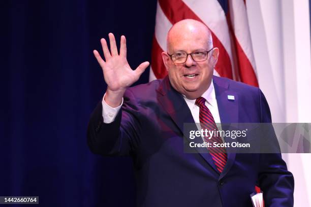 Maryland Governor Larry Hogan speaks to guests at the Republican Jewish Coalition Annual Leadership Meeting on November 18, 2022 in Las Vegas,...