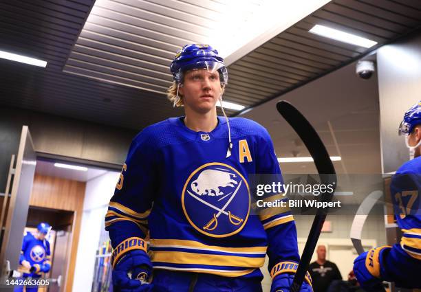 Rasmus Dahlin of the Buffalo Sabres heads to the ice before an an NHL game against the Vancouver Canucks on November 15, 2022 at KeyBank Center in...