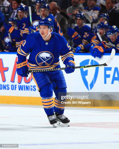 Jeff Skinner of the Buffalo Sabres skates against the Vancouver Canucks during an NHL game on November 15, 2022 at KeyBank Center in Buffalo, New...