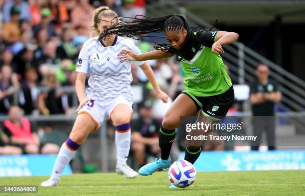 Kennedy Faulknor of Canberra United during the round 1 A-League Women's match between Canberra United and Perth Glory at McKellar Park, on November...
