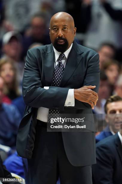 Head coach Mike Woodson of the Indiana Hoosiers looks on in the first half against the Xavier Musketeers at the Cintas Center on November 18, 2022 in...