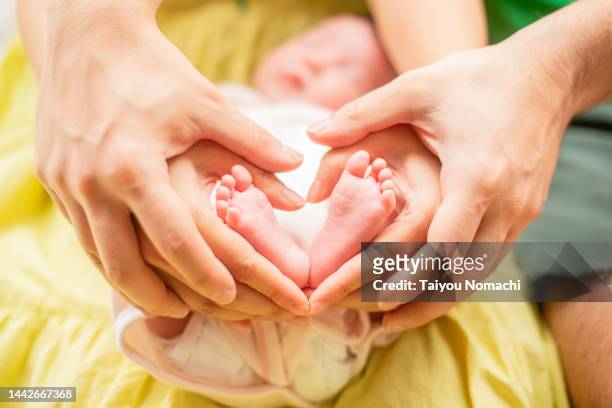 the feet of a newborn daughter, a heart mark represented by the hands of a father and mother. - maternity leave stockfoto's en -beelden