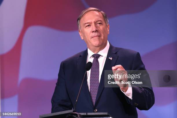 Former Secretary of State Mike Pompeo speaks to guests at the Republican Jewish Coalition Annual Leadership Meeting on November 18, 2022 in Las...