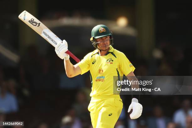 Marnus Labuschagne of Australia celebrates and acknowledges the crowd after scoring a half century during Game 2 of the One Day International series...