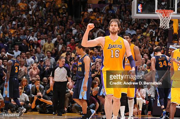 Pau Gasol of the Los Angeles Lakers pumps his fist during a game against the Denver Nuggets in Game Seven of the Western Conference Quarterfinals...