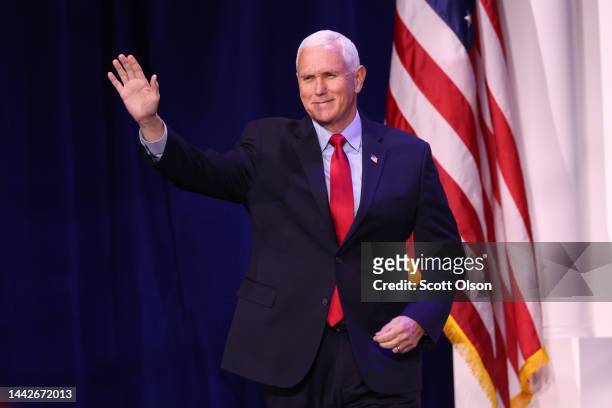 Former Vice President Mike Pence speaks to guests at the Republican Jewish Coalition Annual Leadership Meeting on November 18, 2022 in Las Vegas,...