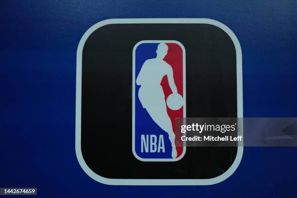 Detailed view of the NBA logo prior to the game between the Milwaukee Bucks and Philadelphia 76ers at the Wells Fargo Center on November 18, 2022 in...