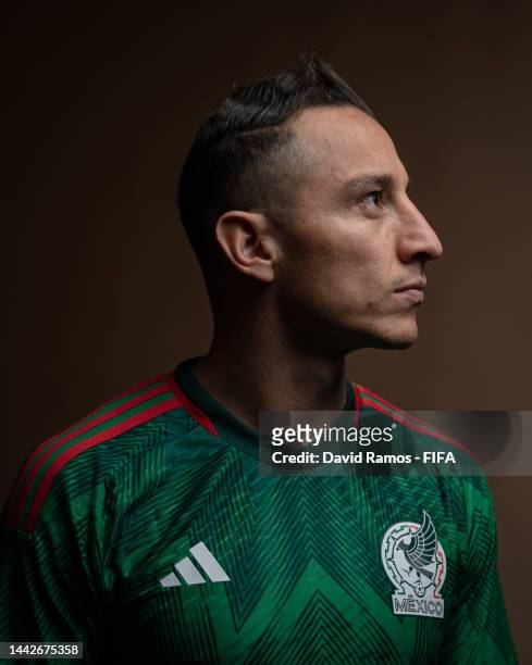 Andres Guardado of Mexico poses during the official FIFA World Cup Qatar 2022 portrait session on November 18, 2022 in Doha, Qatar. During the...