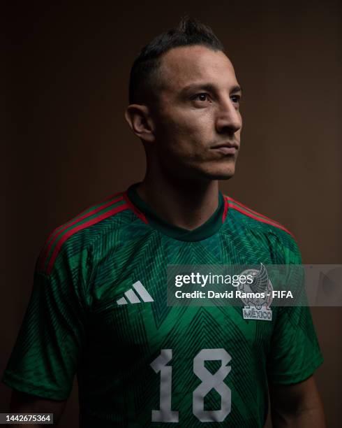 Andres Guardado of Mexico poses during the official FIFA World Cup Qatar 2022 portrait session on November 18, 2022 in Doha, Qatar. During the...