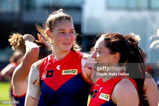 Tayla Harris of the Demons looks on after the win during the AFLW Preliminary Final match between the Melbourne Demons and the North Melbourne...