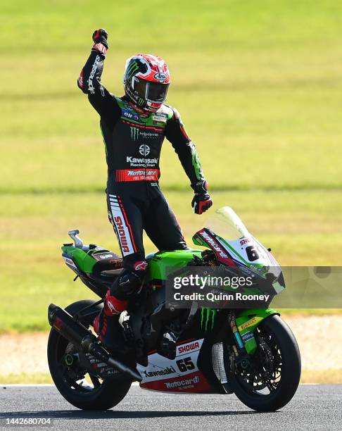 Jonathan Rea of Great Britain rides the Kawasaki Racing Team WorldSBK Kawasaki celebrates winning Race 1 during the 2022 MOTUL FIM Superbike World...