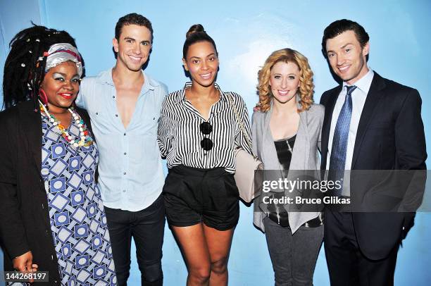 Da'Vine Joy Randolph, Richard Fleeshman, Beyonce Knowles, Caissie Levy and Bryce Pinkham pose backstage at the hit musical "GHOST" on Broadway at The...