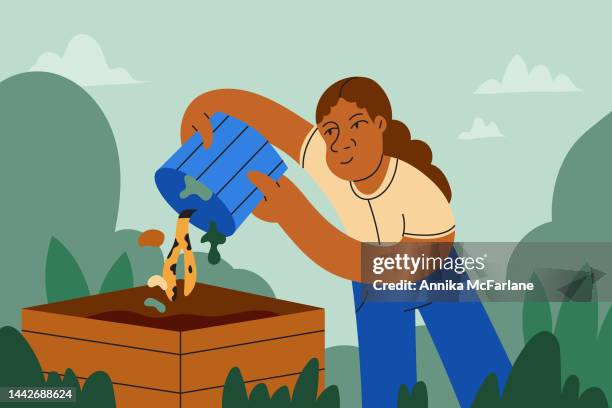 young woman empties household compost into garden compost bin - compost 幅插畫檔、美工圖案、卡通及圖標