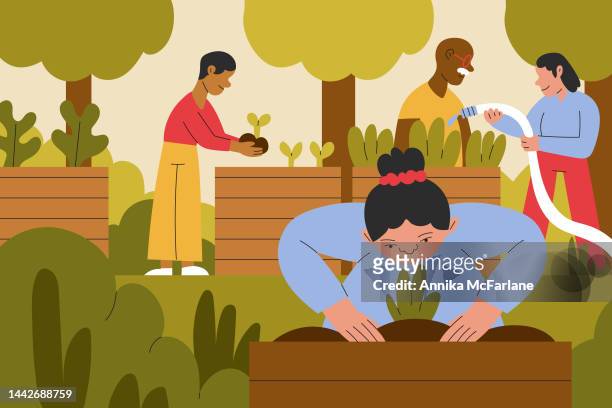multiracial multigenerational group of people care for plants together in community garden - asian elderly stock illustrations