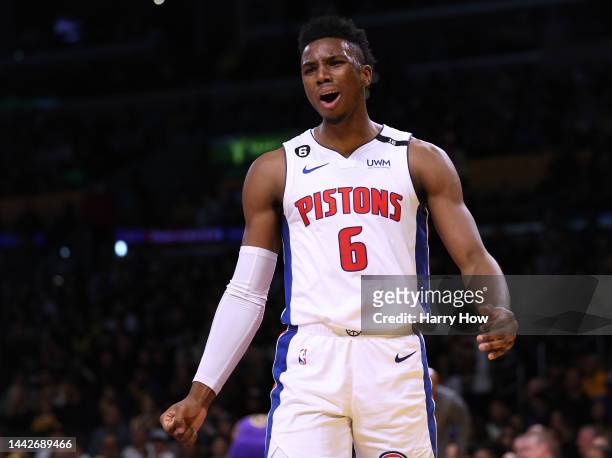 Hamidou Diallo of the Detroit Pistons reacts to a Pistons foul during a 128-121 Los Angeles Lakers win at Crypto.com Arena on November 18, 2022 in...