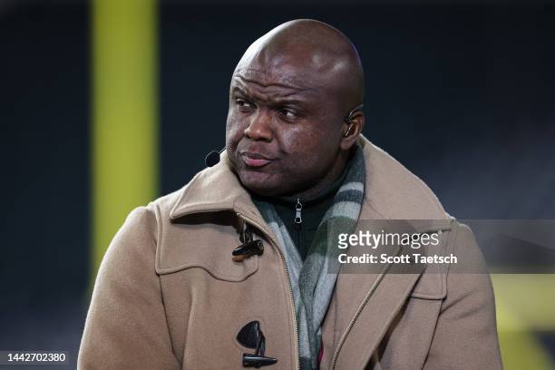 Former NFL player and current NFL analyst Booger McFarland looks on before the game between the Philadelphia Eagles and the Washington Commanders at...