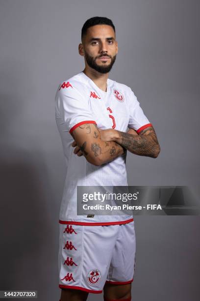Dylan Bronn of Tunisia poses during the official FIFA World Cup Qatar 2022 portrait session on November 18, 2022 in Doha, Qatar.