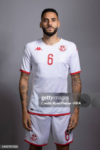 Dylan Bronn of Tunisia poses during the official FIFA World Cup Qatar 2022 portrait session on November 18, 2022 in Doha, Qatar.