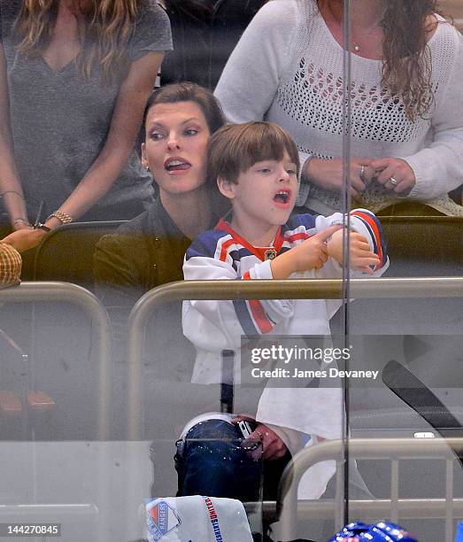 Linda Evangelista and son Augie attend New York Rangers versus Washington Capitals playoff game at Madison Square Garden on May 12, 2012 in New York...