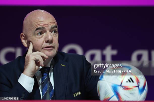 President Gianni Infantino speaks during the FIFA President Press Conference at Virtual Stadium 1 at MMC on November 19, 2022 in Doha, Qatar.