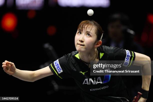 Hina Hayata of Japan serves against Wang Yidi of China during day three of the ITTF-ATTU Asian Cup at Huamark Indoor Stadium on November 19, 2022 in...