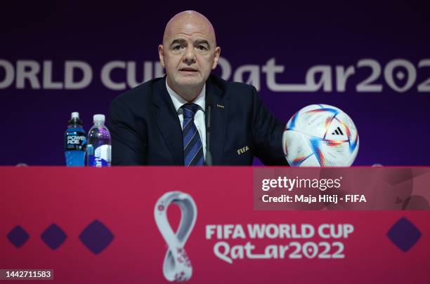 President Gianni Infantino speaks during the FIFA President Press Conference at Virtual Stadium 1 at MMC on November 19, 2022 in Doha, Qatar.