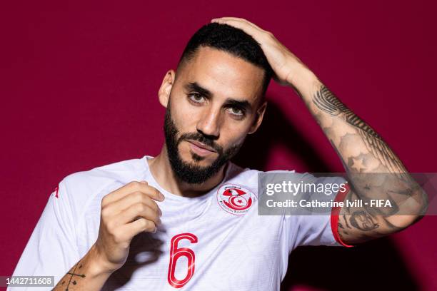 Dylan Bronn of Tunisia poses during the official FIFA World Cup Qatar 2022 portrait session on November 18, 2022 in Doha, Qatar.